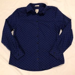 Chico’s No Iron Collared Button Up Shirt Long Sleeve Blue Black Print Sz 0